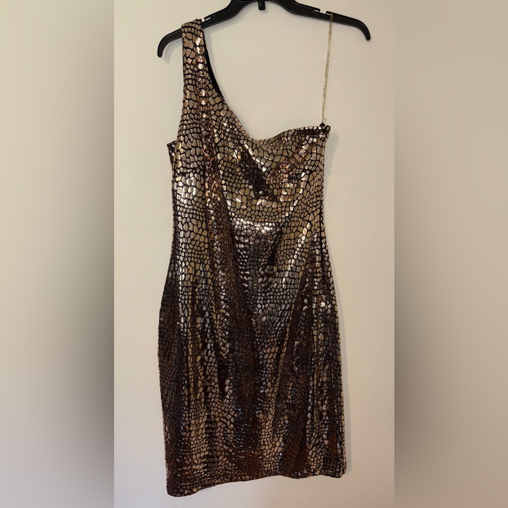 Metallic One-Shoulder Sequin Cocktail Dress - Bronze